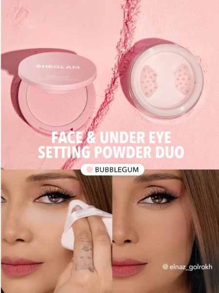SHEGLAM بودرة تثبيت الوجه وتحت العين Insta-Ready Duo-Bubblegum 2 في 1 بودرة تثبيت سائبة للتحكم في الزيوت باللون الوردي، غير لامعة، خالية من المسام، بودرة مضغوطة تدوم طويلاً ومقاومة للماء